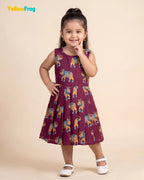 Girls Pure Cotton Kalamkari Dress - Plum Purple with Turquoise & Sandal Elephant Motif CF449