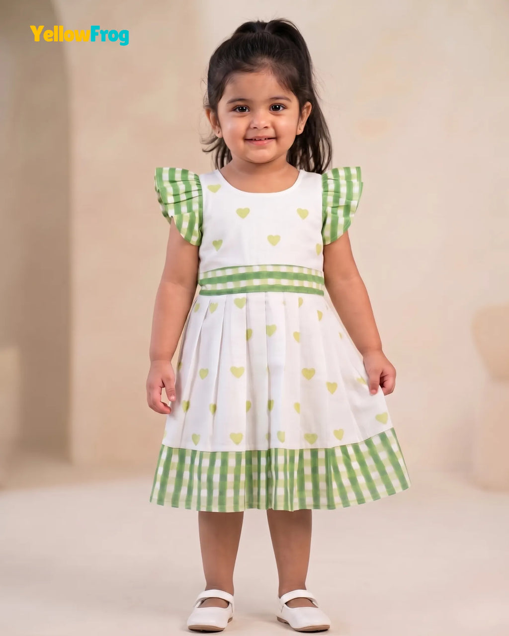 Girls Off-White Heart Handblock Print & Checked Cotton Frock- CF454
