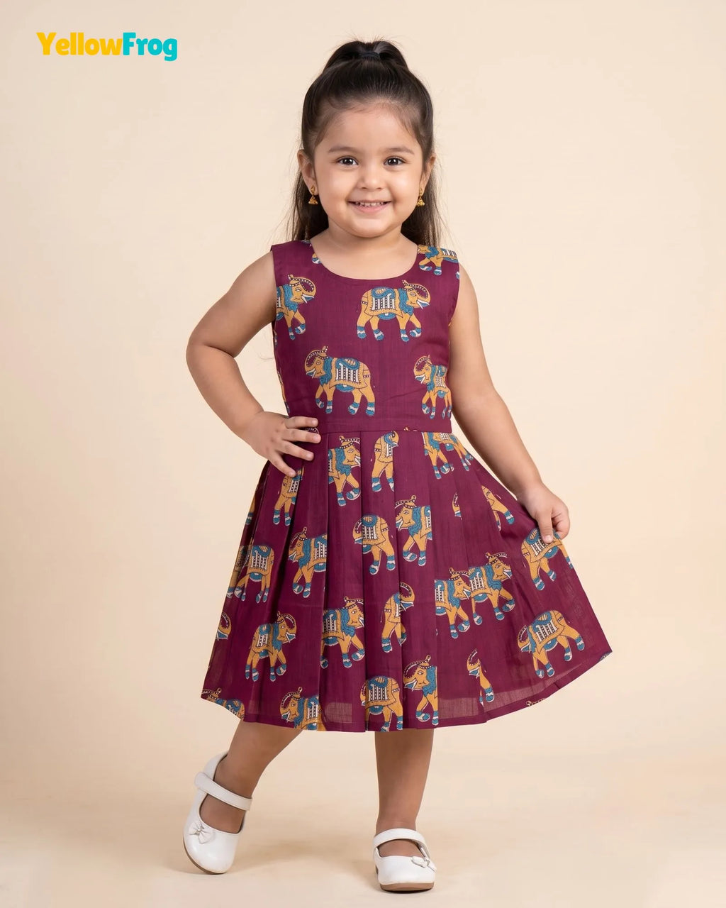 Girls Pure Cotton Kalamkari Dress - Plum Purple with Turquoise & Sandal Elephant Motif CF449