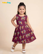 Girls Pure Cotton Kalamkari Dress - Plum Purple with Turquoise & Sandal Elephant Motif CF449