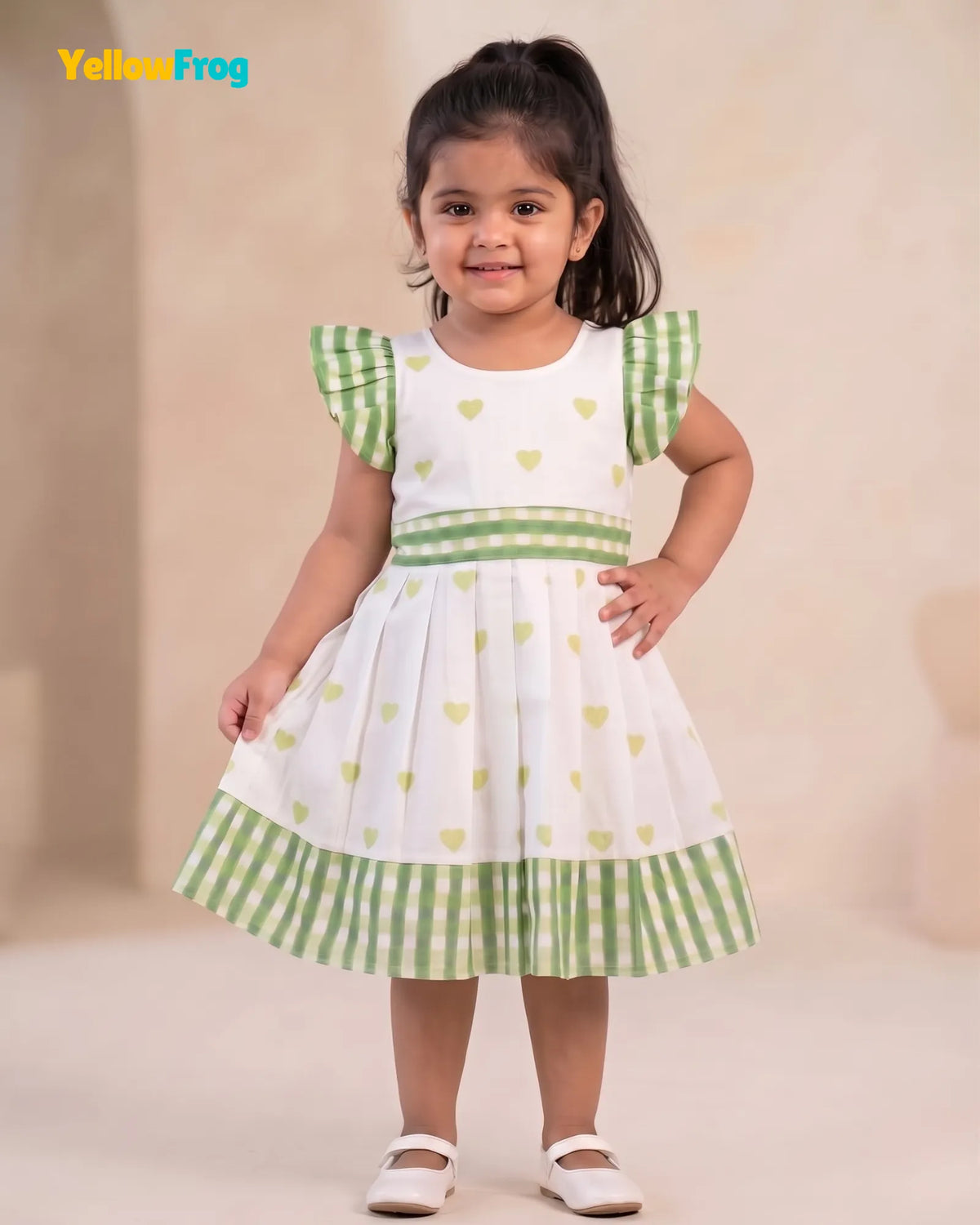 Girls Off-White Heart Handblock Print & Checked Cotton Frock- CF454