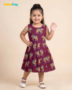 Girls Pure Cotton Kalamkari Dress - Plum Purple with Turquoise & Sandal Elephant Motif CF449
