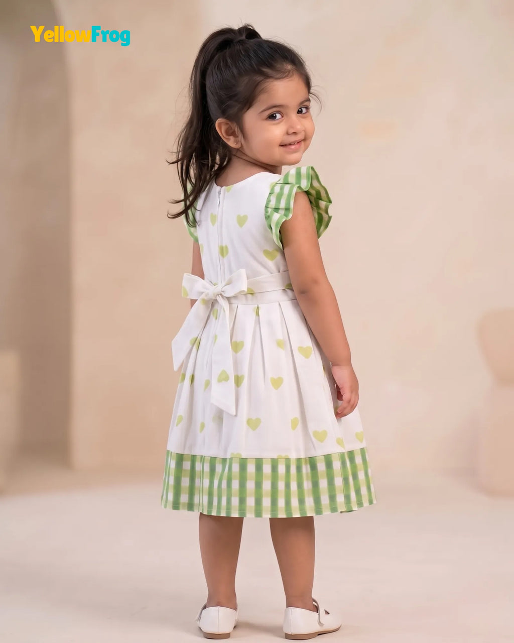 Girls Off-White Heart Handblock Print & Checked Cotton Frock- CF454