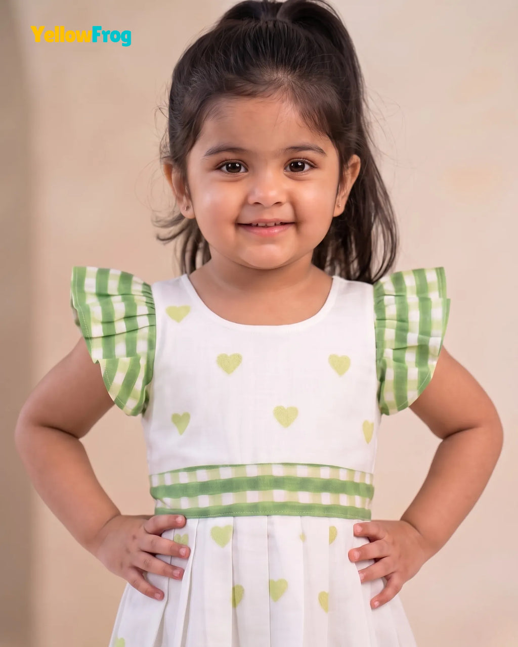 Girls Off-White Heart Handblock Print & Checked Cotton Frock- CF454