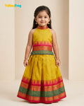 Girls Chettinad Cotton Pattu Halter Neck Pavadai Set - Mustard Yellow Skirt Top PPP2183