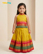 Girls Chettinad Cotton Pattu Halter Neck Pavadai Set - Mustard Yellow Skirt Top PPP2183