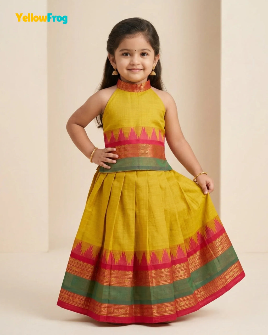 Girls Chettinad Cotton Pattu Halter Neck Pavadai Set - Mustard Yellow Skirt Top PPP2183