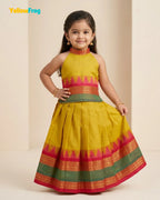 Girls Chettinad Cotton Pattu Halter Neck Pavadai Set - Mustard Yellow Skirt Top PPP2183