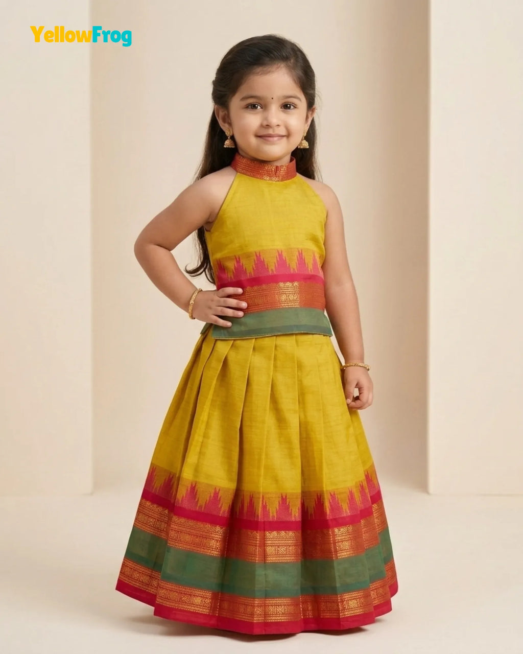 Girls Chettinad Cotton Pattu Halter Neck Pavadai Set - Mustard Yellow Skirt Top PPP2183