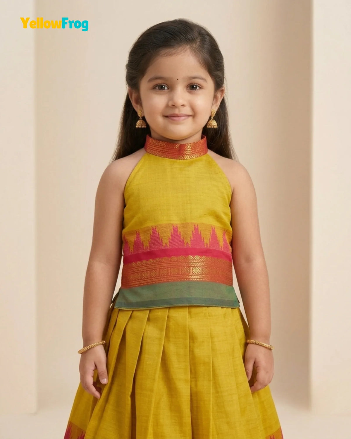Girls Chettinad Cotton Pattu Halter Neck Pavadai Set - Mustard Yellow Skirt Top PPP2183