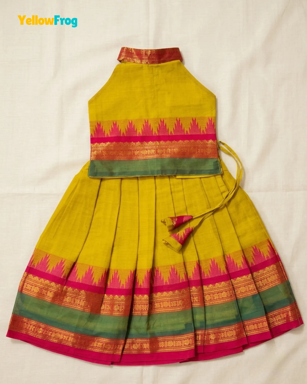 Girls Chettinad Cotton Pattu Halter Neck Pavadai Set - Mustard Yellow Skirt Top PPP2183