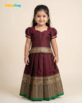 Girls Narayanpet Cotton Pavadai Set - Dark Maroon Puff Sleeve Skirt Top PPP2198