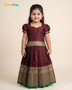 Girls Narayanpet Cotton Pavadai Set - Dark Maroon Puff Sleeve Skirt Top PPP2198