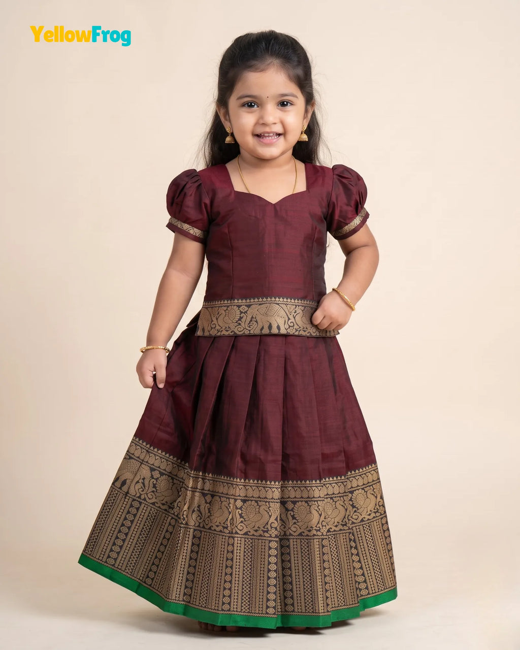Girls Narayanpet Cotton Pavadai Set - Dark Maroon Puff Sleeve Skirt Top PPP2198