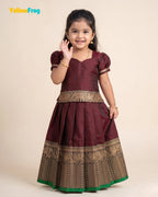 Girls Narayanpet Cotton Pavadai Set - Dark Maroon Puff Sleeve Skirt Top PPP2198