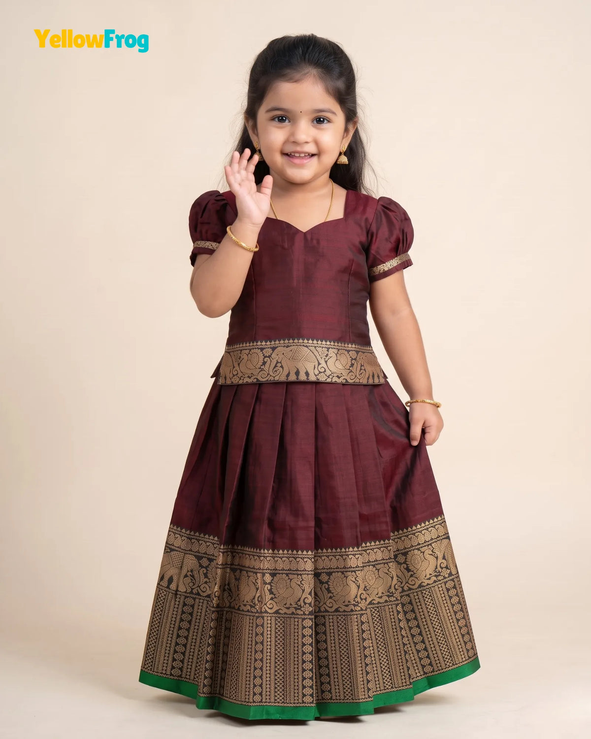 Girls Narayanpet Cotton Pavadai Set - Dark Maroon Puff Sleeve Skirt Top PPP2198