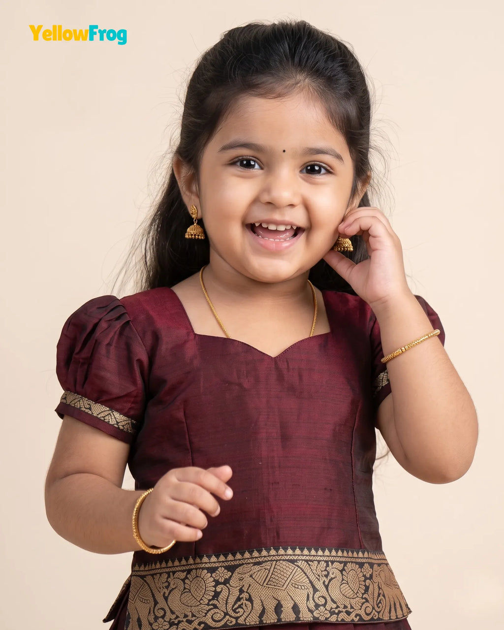 Girls Narayanpet Cotton Pavadai Set - Dark Maroon Puff Sleeve Skirt Top PPP2198