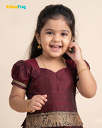 Girls Narayanpet Cotton Pavadai Set - Dark Maroon Puff Sleeve Skirt Top PPP2198
