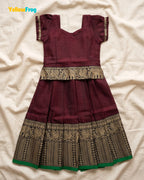 Girls Narayanpet Cotton Pavadai Set - Dark Maroon Puff Sleeve Skirt Top PPP2198