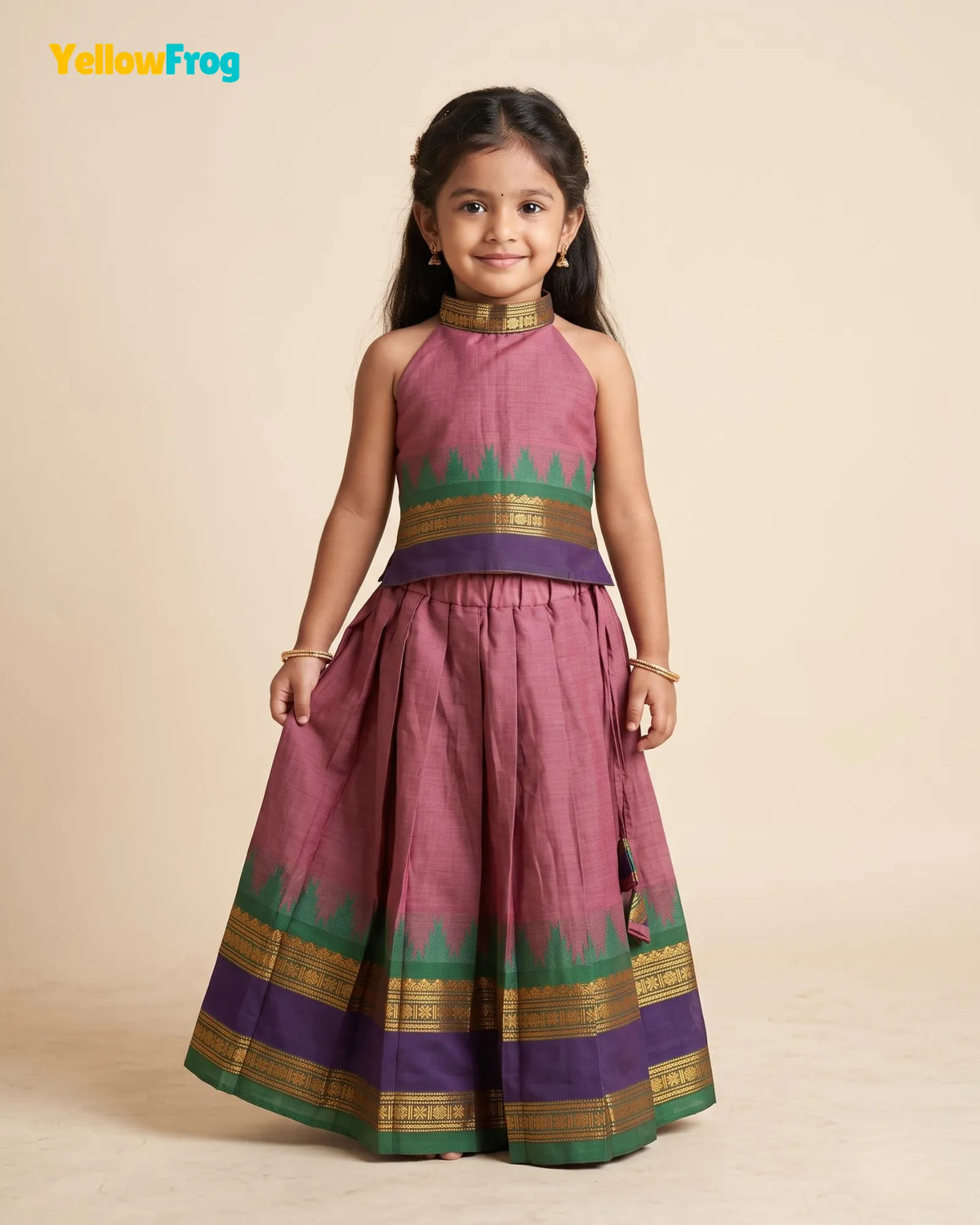 Girls Chettinad Cotton Pattu Halter Neck Pavadai Set - Onion Pink Top PPP2177