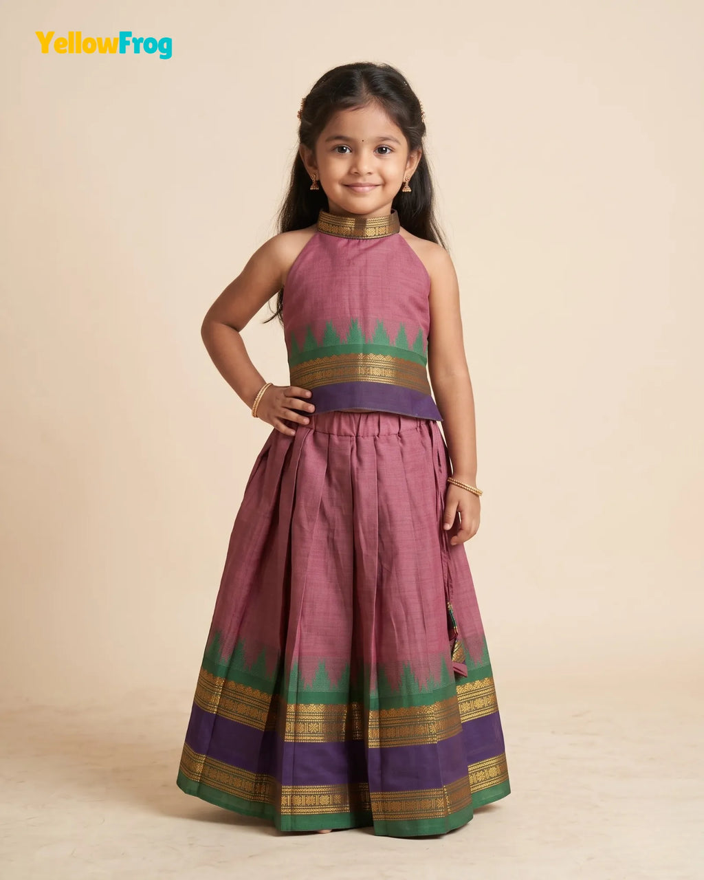 Girls Chettinad Cotton Pattu Halter Neck Pavadai Set - Onion Pink Top PPP2177