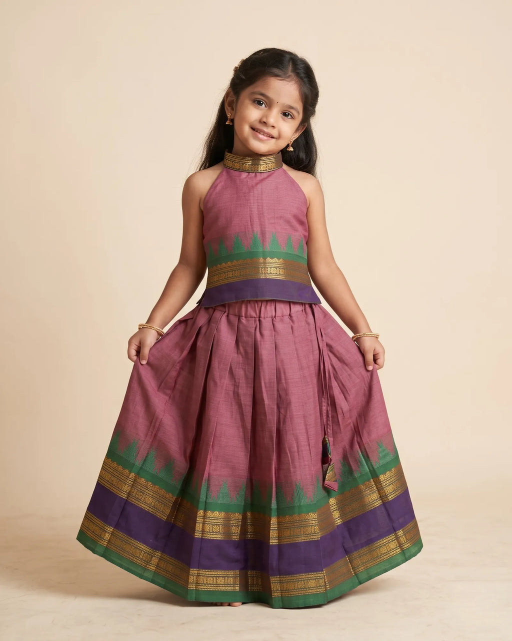 Girls Chettinad Cotton Pattu Halter Neck Pavadai Set - Onion Pink Top PPP2177