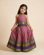Girls Chettinad Cotton Pattu Halter Neck Pavadai Set - Onion Pink Top PPP2177