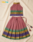 Girls Chettinad Cotton Pattu Halter Neck Pavadai Set - Onion Pink Top PPP2177