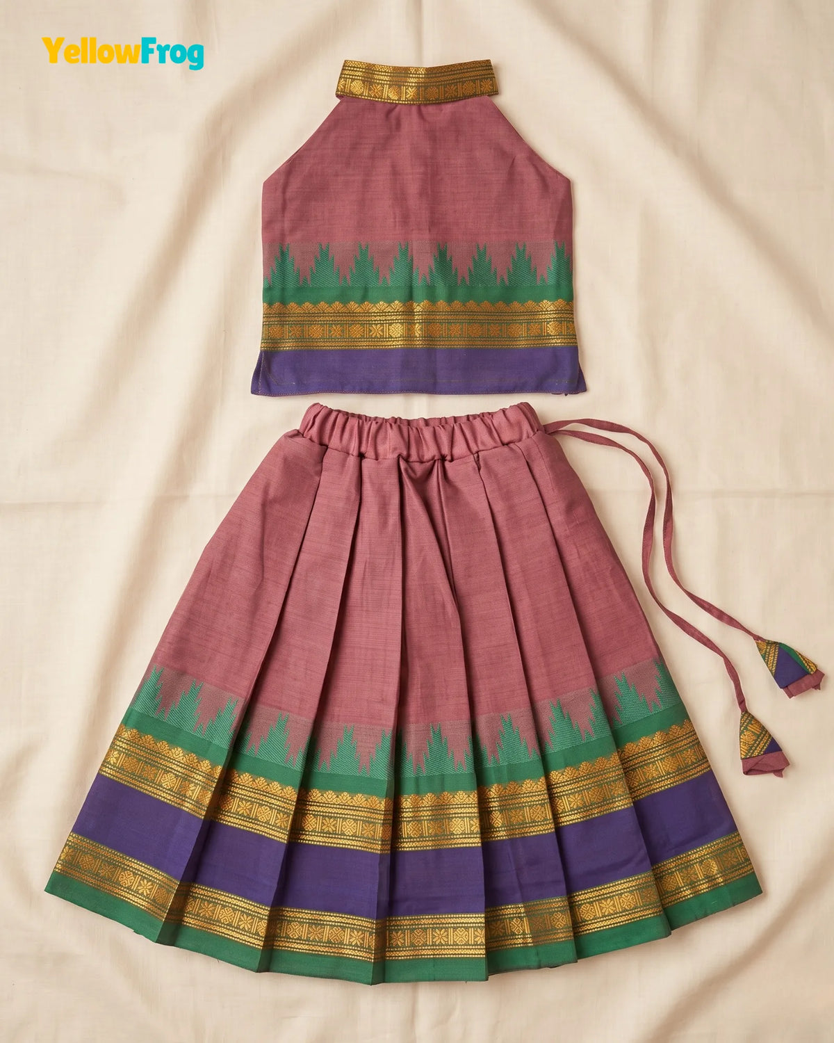 Girls Chettinad Cotton Pattu Halter Neck Pavadai Set - Onion Pink Top PPP2177