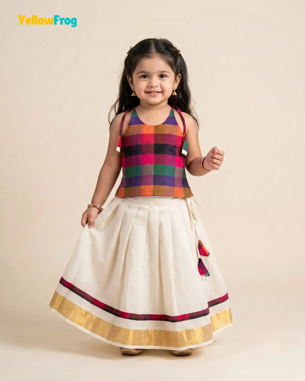 Madras Checks Kasavu Cotton Pavadai for Girls - Pure Cotton Set PPP2197
