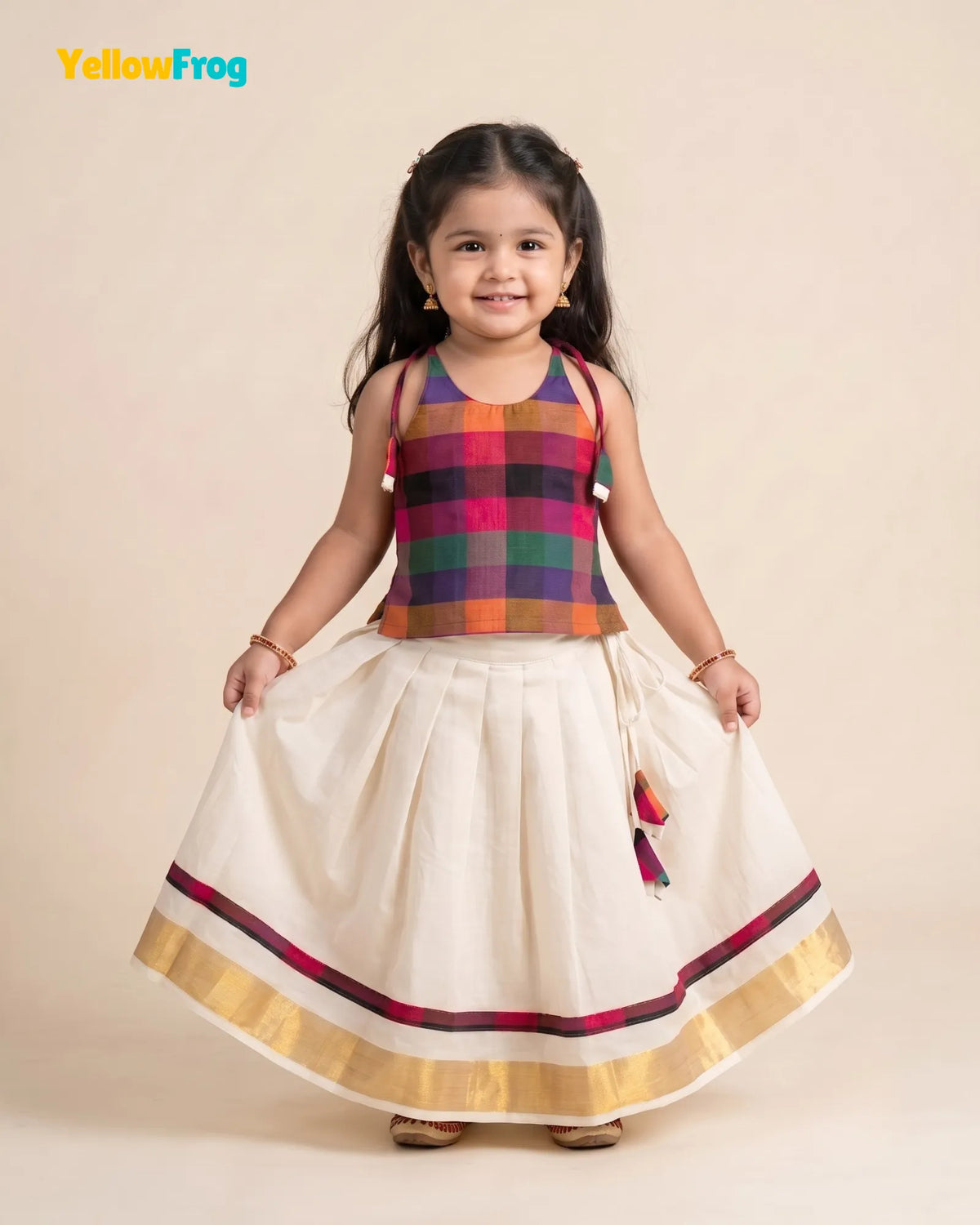 Madras Checks Kasavu Cotton Pavadai for Girls - Pure Cotton Set PPP2197