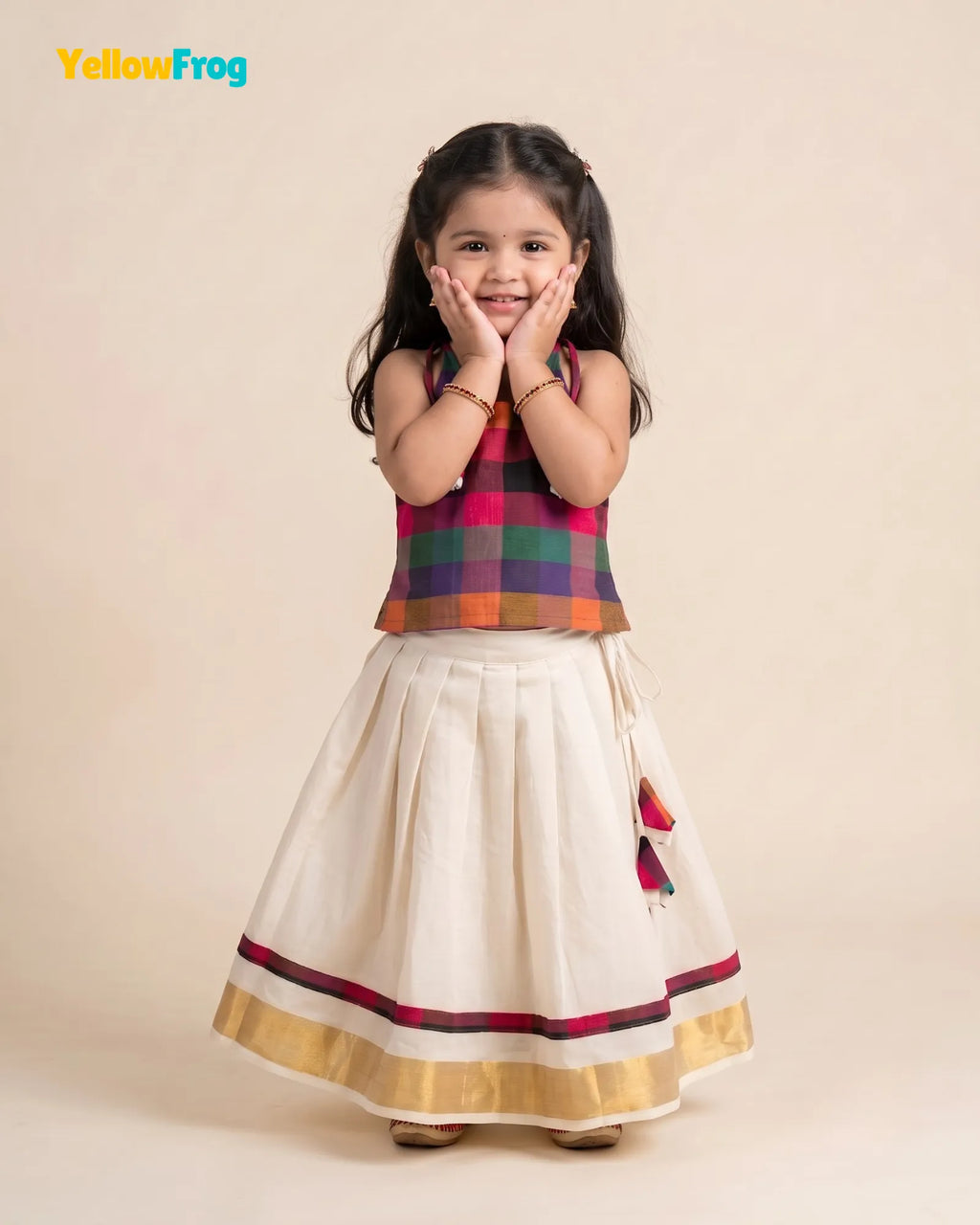 Madras Checks Kasavu Cotton Pavadai for Girls - Pure Cotton Set PPP2197